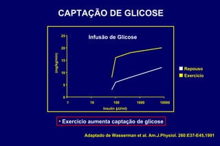 CAPTAÇÃO DE GLICOSE Exercício aumenta captação de glicose Exercício Repouso 0 5 10 15 20 25 1 10 100 1000 10000 Insulin ( uU /ml) (mg/kg/min) Infusão de Glicose Adaptado de Wasserman et al. Am.J.Physiol. 260:E37-E45,1991 