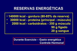 RESERVAS ENERGÉTICAS Durante Exercício – Gasto energético Controle Hormonal 140000 kcal - gordura (80-85% da reserva) 30000 kcal - proteína (principal - músculo) 2000 kcal - carboidratos - 350 g músculo 90 g fígado 20 g sangue 