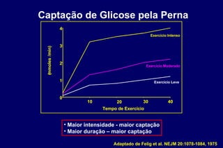 Captação de Glicose pela Perna Maior intensidade - maior captação Maior duração – maior captação 0 1 2 3 4 10 20 30 40 Tempo de Exercício ( mmoles /min) Exercício Intenso Exercício Moderado Exercício Leve 0 1 2 3 4 10 20 30 40 Tempo de Exercício ( mmoles /min) Exercício Intenso Exercício Moderado Exercício Leve Adaptado de Felig et al. NEJM 20:1078-1084, 1975 
