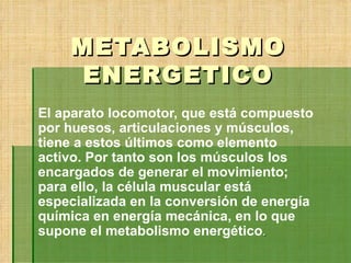 METABOLISMO ENERGETICO El aparato locomotor, que está compuesto por huesos, articulaciones y músculos, tiene a estos últimos como elemento activo. Por tanto son los músculos los encargados de generar el movimiento; para ello, la célula muscular está especializada en la conversión de energía química en energía mecánica, en lo que supone el metabolismo energético .  