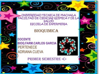 UNIVERSIDAD TECNICA DE MACHALA
FACULTAD DE CIENCIAS QUIMICA Y DE LA
SALUD
ESCUELA DE ENFERMERIA

BIOQUIMICA
DOCENTE
BIOQ.FARM.CARLOS GARCIA

PERTENECE
ADRIANA CUEVA

PRIMER SEMESTRE «C»

 