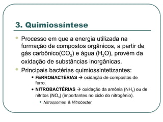 3. Quimiossíntese
 Processo em que a energia utilizada na
formação de compostos orgânicos, a partir de
gás carbônico(CO2) e água (H2O), provém da
oxidação de substâncias inorgânicas.
 Principais bactérias quimiossintetizantes:
• FERROBACTÉRIAS  oxidação de compostos de
ferro.
• NITROBACTÉRIAS  oxidação da amônia (NH3) ou de
nitritos (NO3) (importantes no ciclo do nitrogênio).
• Nitrossomas & Nitrobacter
 