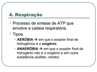 4. Respiração
 Processo de síntese de ATP que
envolve a cadeia respiratória.
 Tipos
• AERÓBIA  em que o aceptor final de
hidrogênios é o oxigênio.
• ANAERÓBIA  em que o aceptor final de
hidrogênio não é o oxigênio e sim outra
substância (sulfato, nitrato)
 
