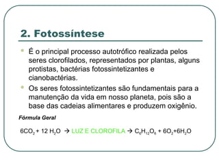 2. Fotossíntese
 É o principal processo autotrófico realizada pelos
seres clorofilados, representados por plantas, alguns
protistas, bactérias fotossintetizantes e
cianobactérias.
 Os seres fotossintetizantes são fundamentais para a
manutenção da vida em nosso planeta, pois são a
base das cadeias alimentares e produzem oxigênio.
6CO2 + 12 H2O  LUZ E CLOROFILA  C6H12O6 + 6O2+6H2O
Fórmula Geral
 
