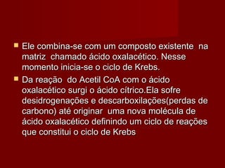  Ele combina-se com um composto existente naEle combina-se com um composto existente na
matriz chamado ácido oxalacético. Nessematriz chamado ácido oxalacético. Nesse
momento inicia-se o ciclo de Krebs.momento inicia-se o ciclo de Krebs.
 Da reação do Acetil CoA com o ácidoDa reação do Acetil CoA com o ácido
oxalacético surgi o ácido cítrico.Ela sofreoxalacético surgi o ácido cítrico.Ela sofre
desidrogenações e descarboxilações(perdas dedesidrogenações e descarboxilações(perdas de
carbono) até originar uma nova molécula decarbono) até originar uma nova molécula de
ácido oxalacético definindo um ciclo de reaçõesácido oxalacético definindo um ciclo de reações
que constitui o ciclo de Krebsque constitui o ciclo de Krebs
 