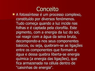 Conceito A fotossíntese é um processo complexo, constituído por diversos fenómenos. Tudo começa quando a luz incide nas folhas e é captada pela clorofila. Este pigmento, com a energia da luz do sol, vai reagir com a água da seiva bruta, decompondo-a nos seus componentes básicos, ou seja, quebram-se as ligações entre os componentes que formam a água e dessa quebra liberta-se energia química (a energia das ligações), que fica armazenada na célula dentro de "caixinhas de energia".  