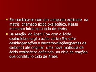 Ele combina-se com um composto existente  na matriz  chamado ácido oxalacético. Nesse momento inicia-se o ciclo de Krebs. Da reação  do Acetil CoA com o ácido oxalacético surgi o ácido cítrico.Ela sofre desidrogenações e descarboxilações(perdas de carbono) até originar  uma nova molécula de ácido oxalacético definindo um ciclo de reações que constitui o ciclo de Krebs 