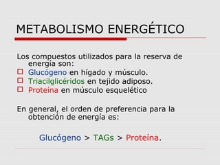 METABOLISMO ENERGÉTICO
Los compuestos utilizados para la reserva de
energía son:
 Glucógeno en hígado y músculo.
 Triacilglicéridos en tejido adiposo.
 Proteína en músculo esquelético
En general, el orden de preferencia para la
obtención de energía es:
Glucógeno > TAGs > Proteína.
 