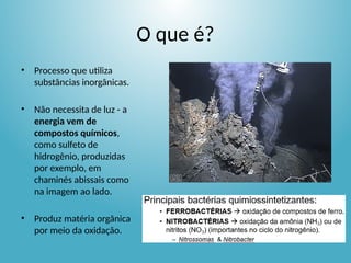O que é?
• Processo que utiliza
substâncias inorgânicas.
• Não necessita de luz - a
energia vem de
compostos químicos,
como sulfeto de
hidrogênio, produzidas
por exemplo, em
chaminés abissais como
na imagem ao lado.
• Produz matéria orgânica
por meio da oxidação.
 