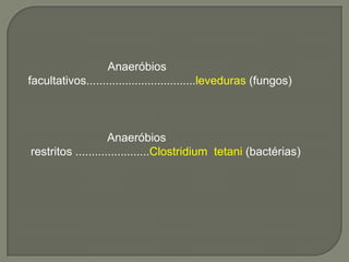 Anaeróbios
facultativos..................................leveduras (fungos)



                    Anaeróbios
restritos .......................Clostridium tetani (bactérias)
 