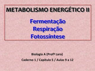 METABOLISMO ENERGÉTICO II
Fermentação
Respiração
Fotossíntese
METABOLISMO ENERGÉTICO II
Fermentação
Respiração
Fotossíntese
Biologia A (Profª Lara)
Caderno 1 / Capítulo 5 / Aulas 9 a 12
 