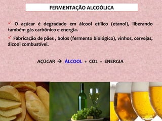 FERMENTAÇÃO ALCOÓLICA
 O açúcar é degradado em álcool etílico (etanol), liberando
também gás carbônico e energia.
 Fabricação de pães , bolos (fermento biológico), vinhos, cervejas,
álcool combustível.
AÇÚCAR  ÁLCOOL + CO2 + ENERGIA
 
