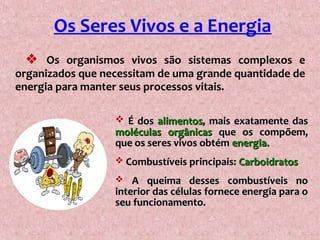 Os Seres Vivos e a Energia
 Os organismos vivos são sistemas complexos e
organizados que necessitam de uma grande quantidade de
energia para manter seus processos vitais.
 É dosÉ dos alimentosalimentos, mais exatamente das, mais exatamente das
moléculas orgânicasmoléculas orgânicas que os compõem,que os compõem,
que os seres vivos obtémque os seres vivos obtém energia.energia.
 Combustíveis principais:Combustíveis principais: CarboidratosCarboidratos
 A queima desses combustíveis noA queima desses combustíveis no
interior das células fornece energia para ointerior das células fornece energia para o
seu funcionamento.seu funcionamento.
 