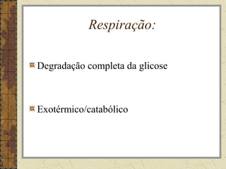 Respiração:
Degradação completa da glicose
Exotérmico/catabólico
 