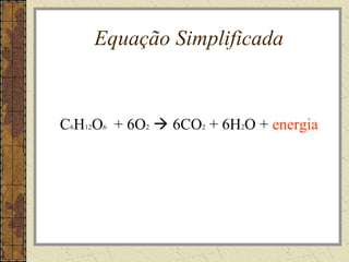 Equação Simplificada
C6H12O6 + 6O2  6CO2 + 6H2O + energia
 