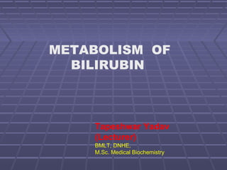 METABOLISM OF
BILIRUBIN
Tapeshwar Yadav
(Lecturer)
BMLT, DNHE,
M.Sc. Medical Biochemistry
 