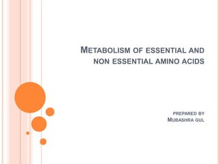 METABOLISM OF ESSENTIAL AND
NON ESSENTIAL AMINO ACIDS
PREPARED BY
MUBASHRA GUL
 