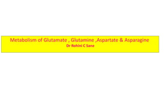 Metabolism of Glutamate , Glutamine ,Aspartate & Asparagine
Dr Rohini C Sane
 