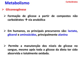 Carboidratos
Metabolismo
 Gliconeogênese
 Formação de glicose a partir de compostos não
carboidratos  via anabólica
 Em humanos, os principais precursores são: lactato,
glicerol e aminoácidos, principalmente alanina
 Permite a manutenção dos níveis de glicose no
sangue, mesmo após toda a glicose da dieta ter sido
absorvida e totalmente oxidada.
 