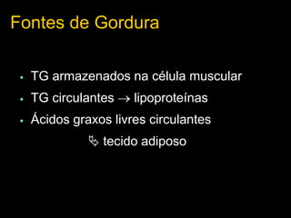Fontes de Gordura
 TG armazenados na célula muscular
 TG circulantes  lipoproteínas
 Ácidos graxos livres circulantes
 tecido adiposo
 