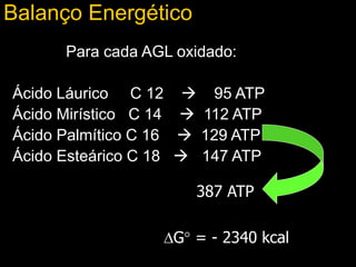 Balanço Energético
Para cada AGL oxidado:
Ácido Láurico C 12  95 ATP
Ácido Mirístico C 14  112 ATP
Ácido Palmítico C 16  129 ATP
Ácido Esteárico C 18  147 ATP
387 ATP
G = - 2340 kcal
 