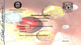«Metabolismo Lipidico:
LIC. MEDICO CIRUJANO
FISIOLOGIA MEDICA
CATEDRATICO: Dr. Carlos Armando Alonzo Carrillo.
GRADO: 2
GRUPO: “D”
Alumno: Balcázar Hernández David Alberto
18/02/2014
 
