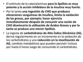 • El estímulo de la catecolaminas para la lipólisis es muy
potente y la acción inhibidora de la insulina muy fuerte.
• Por lo tanto una ingestión de CHO que produzca
elevaciones sanguíneas de insulina, limita la oxidación
de las grasas, por ejemplo; hacer ejercicio
inmediatamente después de consumir una ración de
CHO disminuiría la utilización de Ácidos Grasos y por lo
tanto se produce una menor lipólisis.
• La ingesta de carbohidratos de Alto Índice Glicémico (IG),
deriva regularmente en un incremento en la oxidación de
los carbohidratos y una reducción en la movilización de
AG, cambios metabólicos que pueden persistir incluso
por hasta 6 horas luego de consumido el carbohidrato.
 