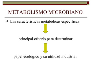 METABOLISMO MICROBIANO
   Las características metabólicas específicas



         principal criterio para determinar



      papel ecológico y su utilidad industrial
 
