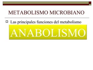 METABOLISMO MICROBIANO
   Las principales funciones del metabolismo
    son:

    ANABOLISMO
       Formar las subunidades que luego serán
        utilizadas en la síntesis de macromoléculas
 