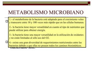METABOLISMO MICROBIANO
  1.- el metabolismo de la bacteria está adaptado para el crecimiento veloz
   El metabolismo de las bacterias tiene muchos
 y transcurre entre 10 y 100 veces más rápido que en las células humanas.
   procesos en común con el metabolismo de las
  2.- la bacteria tiene mayor versatilidad en cuanto al tipo de nutrientes que
  puede utilizar para obtener energía.
   células eucariotas, pero algunos procesos son
  3.- la bacteria tiene una mayor versatilidad en la utilización de oxidantes
  yexclusivos del metabolismo bacteriano.
    no están limitadas al sólo uso del O2.
 4.- existe una gran diversidad de requerimientosmetabolismolas
   Algunas particularidades del nutricionales entre
  bacterias debido a que ellas no poseen todos los caminos biosintéticos.
   bacteriano son:
 