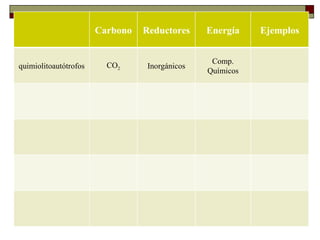 Carbono   Reductores    Energía    Ejemplos
    METABOLISMO MICROBIANO
                                                Comp.
quimiolitoautótrofos     CO2     Inorgánicos
                                               Químicos
    Tipos de metabolismo
 