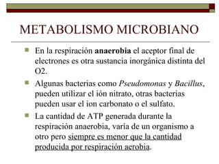 METABOLISMO MICROBIANO
   En la respiración anaerobia el aceptor final de
    electrones es otra sustancia inorgánica distinta del
    O2.
   Algunas bacterias como Pseudomonas y Bacillus,
    pueden utilizar el ión nitrato, otras bacterias
    pueden usar el ion carbonato o el sulfato.
   La cantidad de ATP generada durante la
    respiración anaerobia, varía de un organismo a
    otro pero siempre es menor que la cantidad
    producida por respiración aerobia.
 