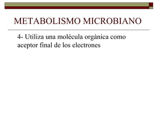 METABOLISMO MICROBIANO
4- Utiliza una molécula orgánica como
aceptor final de los electrones
 