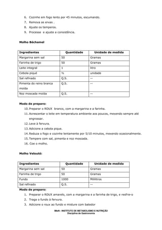 6. Cozinhe em fogo lento por 45 minutos, escumando.
   7. Remova as ervas .
   8. Ajuste os temperos.
   9. Processe e ajuste a consistência.


Molho Béchamel


Ingredientes                        Quantidade             Unidade de medida
Margarina sem sal              50                     Gramas
Farinha de trigo               50                     Gramas
Leite integral                 1                      litro
Cebola piqué                   ½                      unidade
Sal refinado                   Q.S.                   --
Pimenta do reino branca        Q.S.                   --
moída
Noz moscada moída              Q.S.                   --


Modo de preparo:
   10. Preparar o ROUX branco, com a margarina e a farinha.
   11. Acrescentar o leite em temperatura ambiente aos poucos, mexendo sempre até
        engrossar.
   12. Leve à fervura.
   13. Adicione a cebola pique.
   14. Reduza o fogo e cozinhe lentamente por 5/10 minutos, mexendo ocasionalmente.
   15. Tempere com sal, pimenta e noz moscada.
   16. Coe o molho.


Molho Velouté:


Ingredientes                        Quantidade             Unidade de medida
Margarina sem sal              50                     Gramas
Farinha de trigo               50                     Gramas
Fundo                          1000                   Mililitros
Sal refinado                   Q.S.                   --
Modo de preparo:
   1. Preparar o ROUX amarelo, com a margarina e a farinha de trigo, e resfrie-o
   2. Traga o fundo à fervura.
   3. Adicione o roux ao fundo e misture com batedor

                          IMeN - INSTITUTO DE METABOLISMO E NUTRIÇÃO
                                      Disciplina de Gastronomia
 