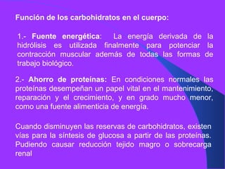Función de los carbohidratos en el cuerpo:
1.- Fuente energética: La energía derivada de la
hidrólisis es utilizada finalmente para potenciar la
contracción muscular además de todas las formas de
trabajo biológico.
2.- Ahorro de proteínas: En condiciones normales las
proteínas desempeñan un papel vital en el mantenimiento,
reparación y el crecimiento, y en grado mucho menor,
como una fuente alimenticia de energía.
Cuando disminuyen las reservas de carbohidratos, existen
vías para la síntesis de glucosa a partir de las proteínas.
Pudiendo causar reducción tejido magro o sobrecarga
renal
 