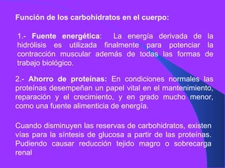 Función de los carbohidratos en el cuerpo: 1.-  Fuente energética :  La energía derivada de la hidrólisis es utilizada finalmente para potenciar la contracción muscular además de todas las formas de trabajo biológico. 2.-  Ahorro de proteínas:  En condiciones normales las proteínas desempeñan un papel vital en el mantenimiento, reparación y el crecimiento, y en grado mucho menor, como una fuente alimenticia de energía. Cuando disminuyen las reservas de carbohidratos, existen vías para la síntesis de glucosa a partir de las proteínas. Pudiendo causar reducción tejido magro o sobrecarga renal 