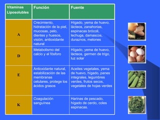   Vitamina s   Liposolubles Función  Fuente A Crecimiento, hidratación de la piel, mucosas, pelo, dientes y huesos, visión, antioxidante natural Hígado, yema de huevo, lácteos, zanahorias, espinacas brócoli, lechuga, damascos, duraznos, melones   D Metabolismo del calcio y el fósforo  Hígado, yema de huevo, lácteos, germen de trigo, luz solar E Antioxidante natural, estabilización de las membranas celulares, protege los ácidos grasos   Aceites vegetales, yema de huevo, hígado, panes integrales, legumbres verdes, frutos secos, vegetales de hojas verdes   K Coagulación sanguínea   Harinas de pescado, hígado de cerdo, coles espinacas.                                                                                                                                                                                                             
