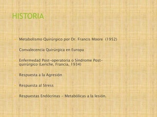 HISTORIA
 Metabolismo Quirúrgico por Dr. Francis Moore (1952)
 Convalecencia Quirúrgica en Europa
 Enfermedad Post-oper...