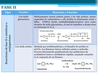 Tipo Nombre Reacción y Función
ReaccionesdefaseIIosintéticaso
conjugaciones
Con ácido
glucurónico
Medicamentos menos polares pasan a ser más polares, menor
capacidad de reabsorberse y ello facilita la eliminación renal o
biliar. UDPGA (ácido uridindifosfoglucurónico) sirve como
donador de ácido glucurónico, el cual se trasnfiere a átomo ricos
en electrones O, N, S
Con ácido acético Mediada por acetiltransferasa y el donador de acetilos es
acCOA. Los fármacos tienen radicales amino o carboxilo.
Proceso determinado genéticamente hay poblaciones de
acetiladores lentos y acetiladores rápidos, causando variación
en la respuesta de un fármaco
FASE II
 