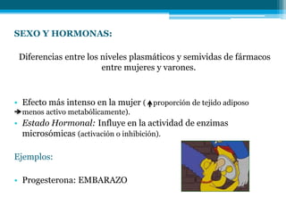SEXO Y HORMONAS:
Diferencias entre los niveles plasmáticos y semividas de fármacos
entre mujeres y varones.
• Efecto más intenso en la mujer ( proporción de tejido adiposo
menos activo metabólicamente).
• Estado Hormonal: Influye en la actividad de enzimas
microsómicas (activación o inhibición).
Ejemplos:
• Progesterona: EMBARAZO
 