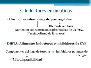 3. Inductores enzimáticos
• Hormonas esteroides y drogas vegetales
Hierba de san Juan
Aumentan concentraciones plasmáticas de CYP3A4
( metabolismo de fármacos)
• DIETA: Alimentos inductores o inhibidores de CYP
Componentes del jugo de toronja Inhibidores potentes de
CYP3A4
( Biodisponibilidad)
 