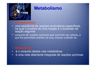 Metabolismo


• Via metabólica:
• uma seqüência de reações enzimáticas específicas,
  na qual o produto de uma reação é o substrato da
  reação seguinte
• conjunto de reações químicas que ocorrem nas células, e
  que lhe permitem manter-se viva, crescer e dividir-se.


• Metabolismo:
• é o conjunto destas vias metabólicas
• é uma rede altamente integrada de reações químicas
 