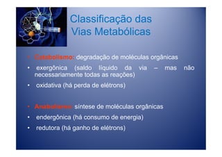 Classificação das
                Vias Metabólicas

• Catabolismo: degradação de moléculas orgânicas
•    exergônica (saldo líquido da via     –    mas   não
    necessariamente todas as reações)
•   oxidativa (há perda de elétrons)


• Anabolismo: síntese de moléculas orgânicas
•   endergônica (há consumo de energia)
•   redutora (há ganho de elétrons)
 