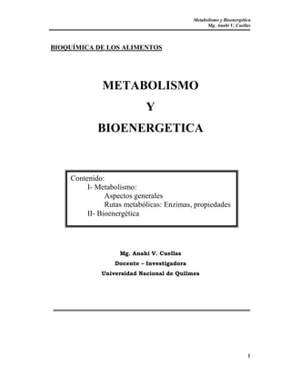 Metabolismo y Bioenergética
Mg. Anahi V. Cuellas
1
BIOQUÍMICA DE LOS ALIMENTOS
METABOLISMO
Y
BIOENERGETICA
Mg. Anahi V. Cuellas
Docente – Investigadora
Universidad Nacional de Quilmes
Contenido:
I- Metabolismo:
Aspectos generales
Rutas metabólicas: Enzimas, propiedades
II- Bioenergética
 