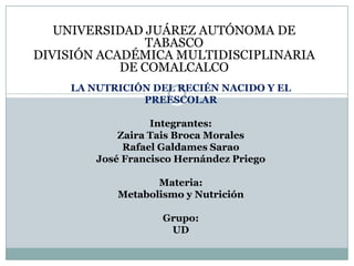 UNIVERSIDAD JUÁREZ AUTÓNOMA DE
TABASCO
DIVISIÓN ACADÉMICA MULTIDISCIPLINARIA
DE COMALCALCO
LA NUTRICIÓN DEL RECIÉN NACIDO Y EL
PREESCOLAR
Integrantes:
Zaira Tais Broca Morales
Rafael Galdames Sarao
José Francisco Hernández Priego
Materia:
Metabolismo y Nutrición
Grupo:
UD
 