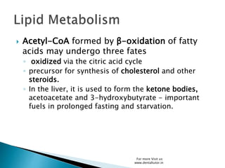  Acetyl-CoA formed by β-oxidation of fatty
acids may undergo three fates
◦ oxidized via the citric acid cycle
◦ precursor for synthesis of cholesterol and other
steroids.
◦ In the liver, it is used to form the ketone bodies,
acetoacetate and 3-hydroxybutyrate - important
fuels in prolonged fasting and starvation.
For more Visit us:
www.dentaltutor.in
 