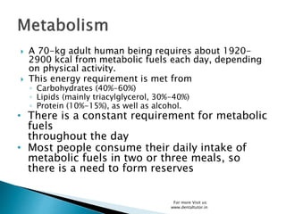  A 70-kg adult human being requires about 1920-
2900 kcal from metabolic fuels each day, depending
on physical activity.
 This energy requirement is met from
◦ Carbohydrates (40%-60%)
◦ Lipids (mainly triacylglycerol, 30%-40%)
◦ Protein (10%-15%), as well as alcohol.
• There is a constant requirement for metabolic
fuels
throughout the day
• Most people consume their daily intake of
metabolic fuels in two or three meals, so
there is a need to form reserves
For more Visit us:
www.dentaltutor.in
 