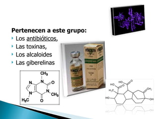Pertenecen a este grupo: Los  antibióticos , Las toxinas,  Los alcaloides Las giberelinas 