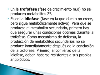 En la  trofofase  (fase de crecimiento m.o) no se producen metabolitos 2°. Es en la  idiofase  (fase en la que el m.o no crece, pero sigue metabólicamente activo). Para que se produzca el metabolito secundario, primero hay que asegurar unas condiciones óptimas durante la trofofase. Como mecanismo de defensa, la producción de metabolitos secundarios no se produce inmediatamente después de la conclusión de la trofofase. Primero, al comienzo de la idiofase, deben hacerse resistentes a sus propios antibióticos. 