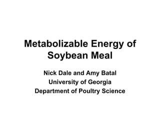 Metabolizable Energy of Soybean Meal Nick Dale and Amy Batal University of Georgia Department of Poultry Science 